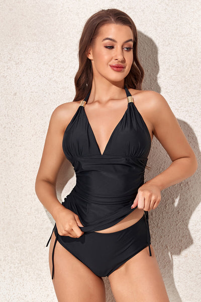 womens-two-piece-v-neck-halter-drawstring-solid-tankini-swimsuit#color_black