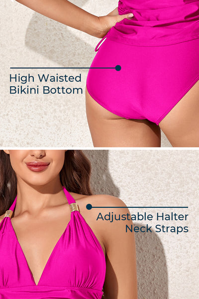 womens-two-piece-v-neck-halter-drawstring-solid-tankini-swimsuit#color_barbie-pink