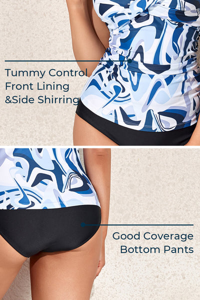 womens-two-piece-v-neck-ruched-tummy-control-tankini-swimsuit#color_blue-ocean-wave-black