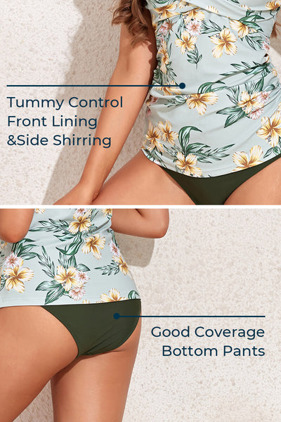 womens-two-piece-v-neck-ruched-tummy-control-tankini-swimsuit#color_pistachio-lily-olive
