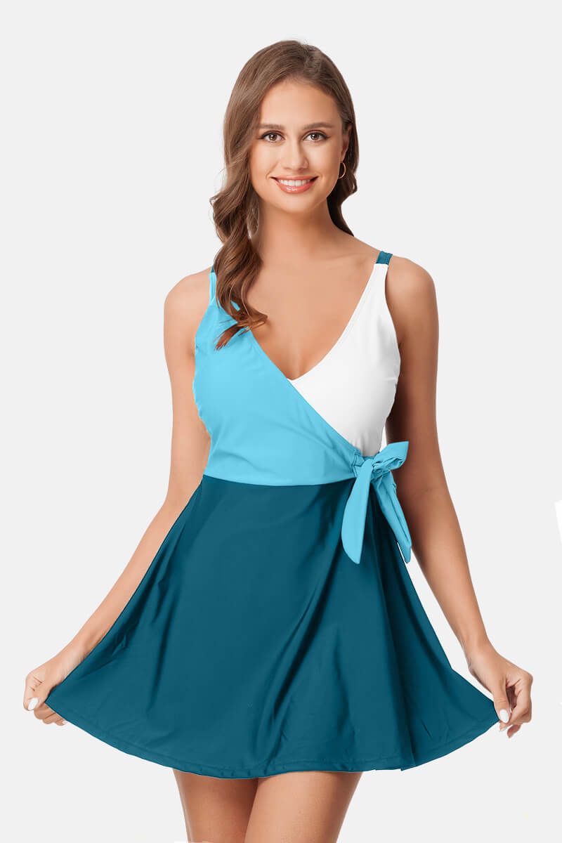 plus-size-one-piece-v-neck-side-bow-knot-tie-swimdress#color_tropical-blue-white-forest