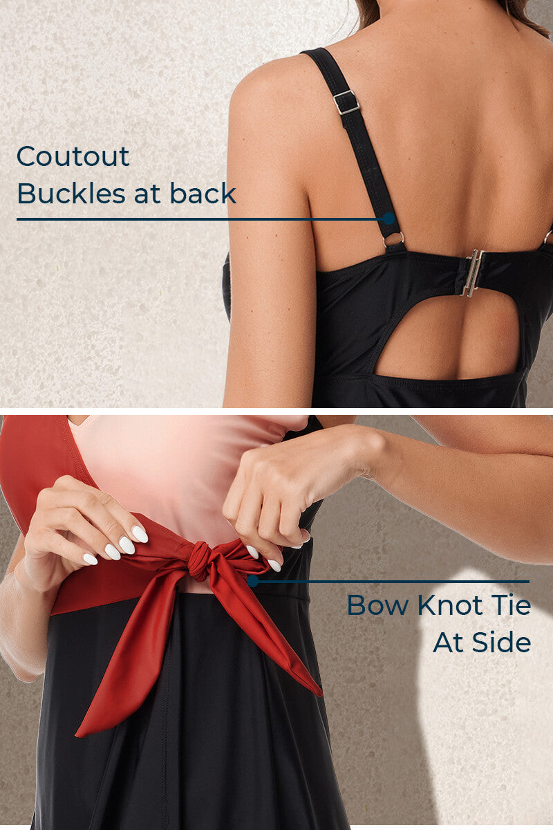 plus-size-one-piece-v-neck-side-bow-knot-tie-swimdress#color_monaco-red-mauve-black