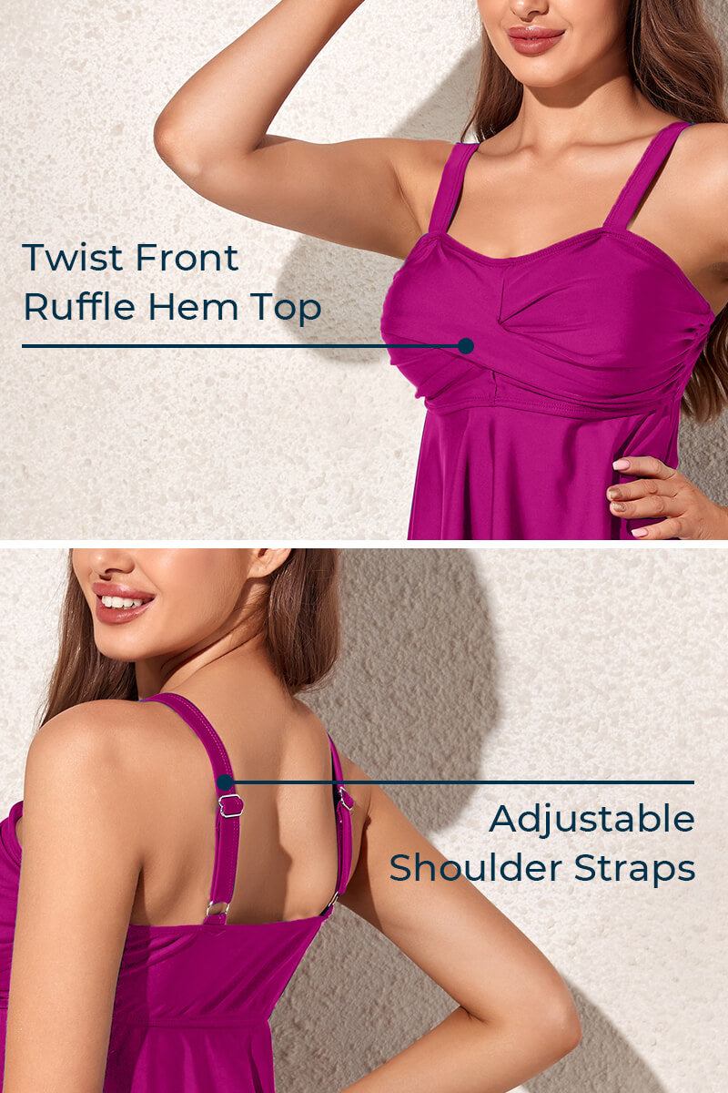 womens-two-piece-twist-front-ruffle-hem-tankini-swimsuit#color_cerise-violet-camellia