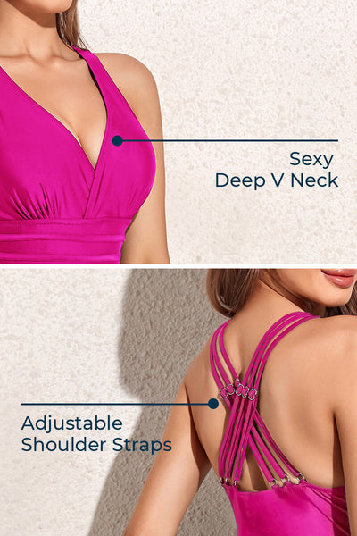 womens-one-piece-v-neck-ruched-tummy-control-solid-swimdress#color_barbie-pink
