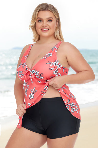 plus-size-two-piece-v-neck-tie-bowknot-flowy-tankini-swimsuit#color_red-retro-bloom-black