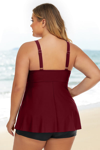 plus-size-two-piece-v-neck-high-waist-tummy-control-tankini-swimsuit#color_burgundy
