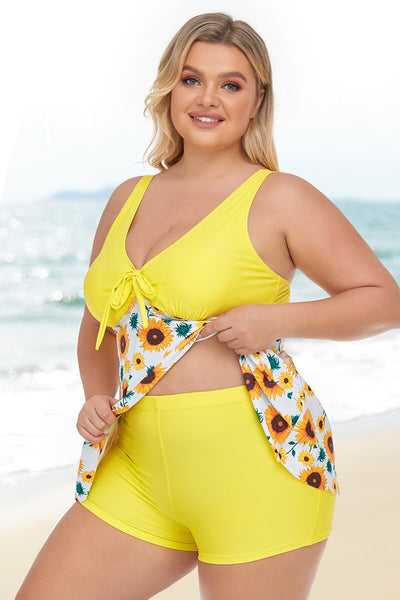 plus-size-two-piece-v-neck-tie-bowknot-flowy-tankini-swimsuit#color_mustard-sunflower-1