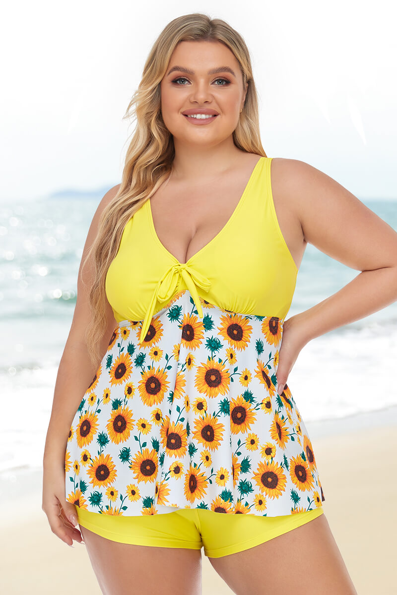 plus-size-two-piece-v-neck-tie-bowknot-flowy-tankini-swimsuit#color_mustard-sunflower-1