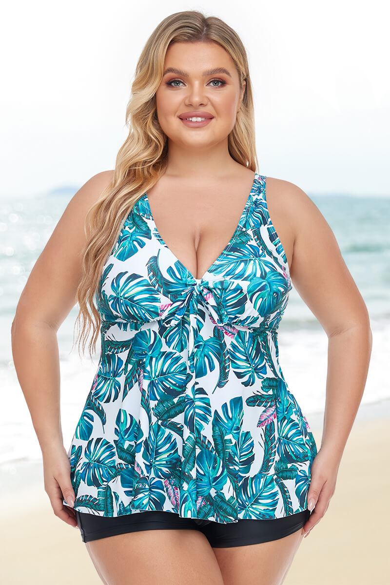 womens-plus-size-two-piece-v-neck-flowy-tankini-swimsuit#color_beige-teal-lush-black