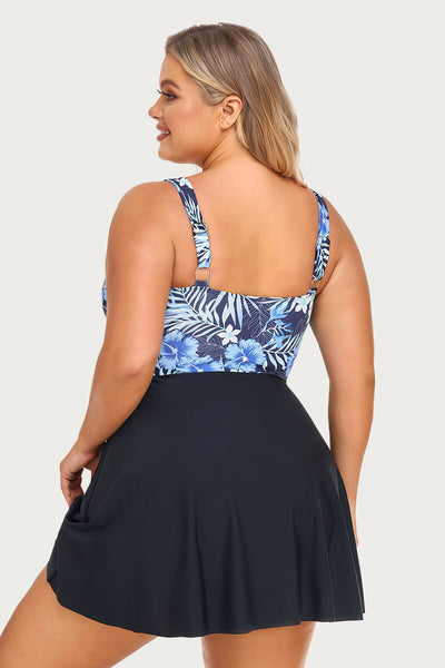plus-size-two-piece-high-waist-ruched-twist-front-swimdress#color_black-aqua-hibiscus-black