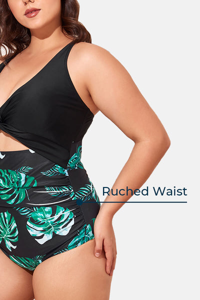 plus-size-one-piece-cutout-tie-knot-back-monokini-swimsuit#color_black-black-greenery-1