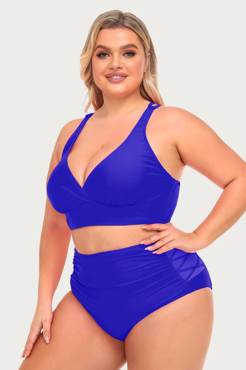 plus-size-v-neck-solid-bikini-swimsuit-with-ruched-swim-bottom#color_sapphire-blue