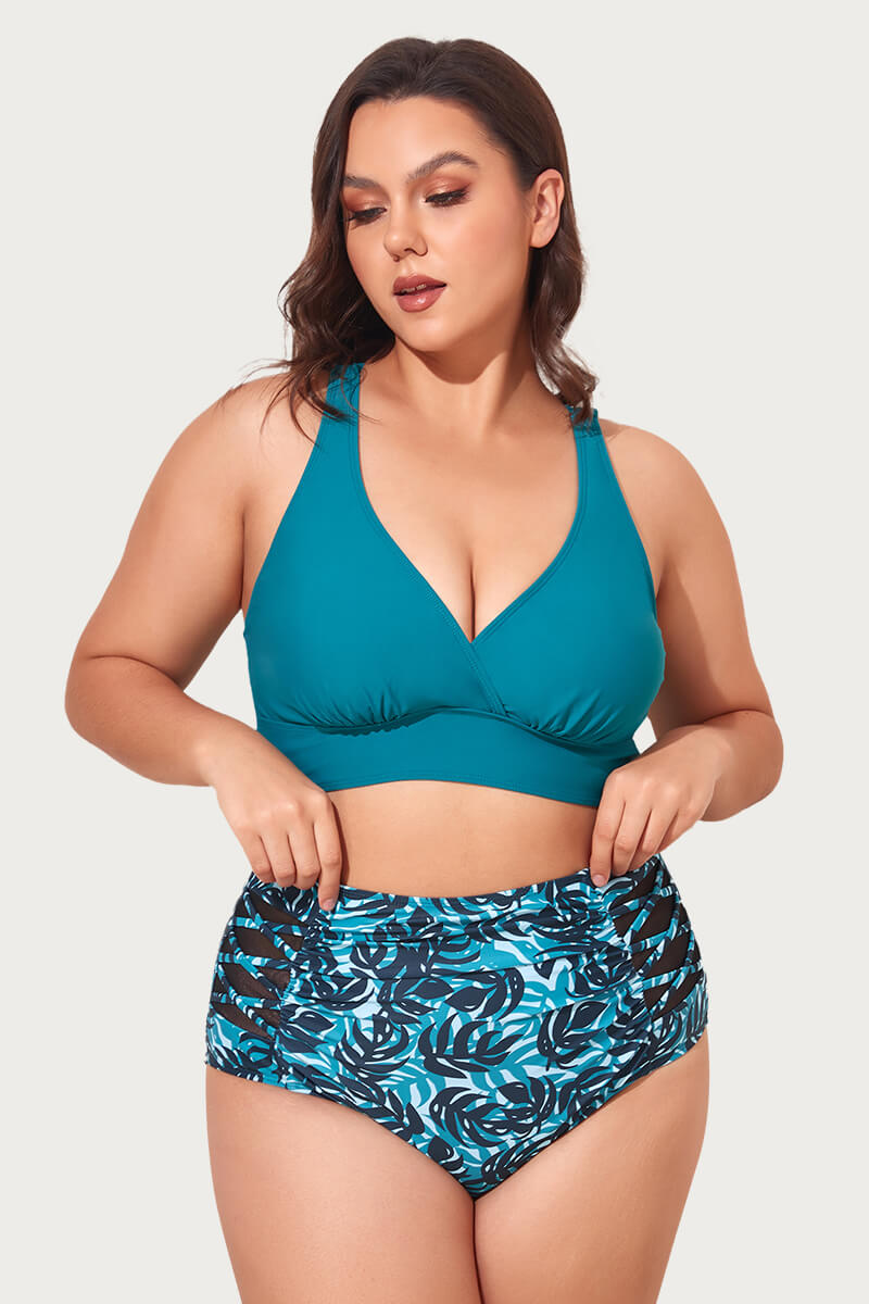 womens-plus-size-v-neck-bikini-swimsuit-with-high-waisted-bottoms#color_lagoon-emerald-feather