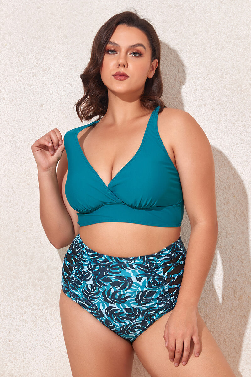 womens-plus-size-v-neck-bikini-swimsuit-with-high-waisted-bottoms#color_lagoon-emerald-feather