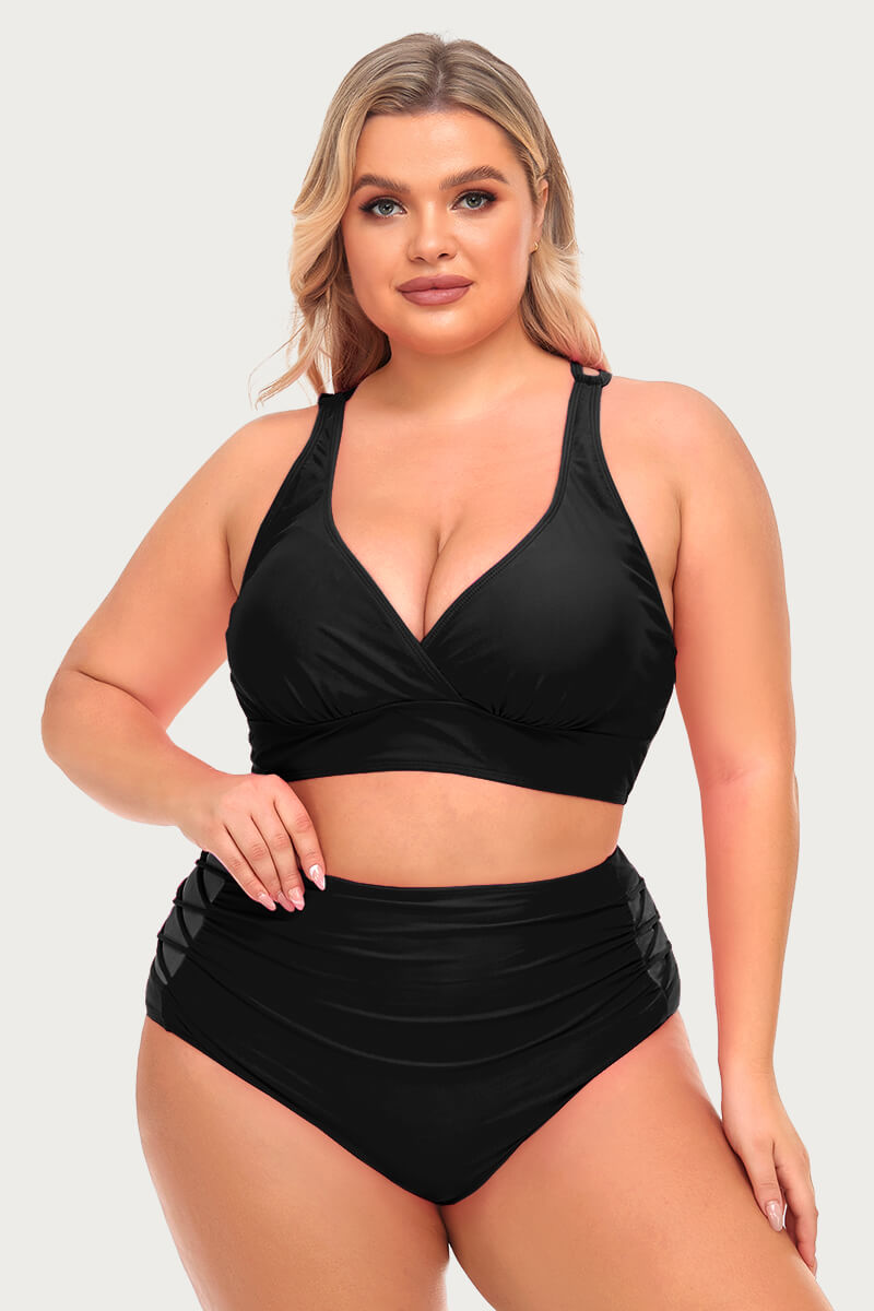 plus-size-v-neck-solid-bikini-swimsuit-with-ruched-swim-bottom#color_black