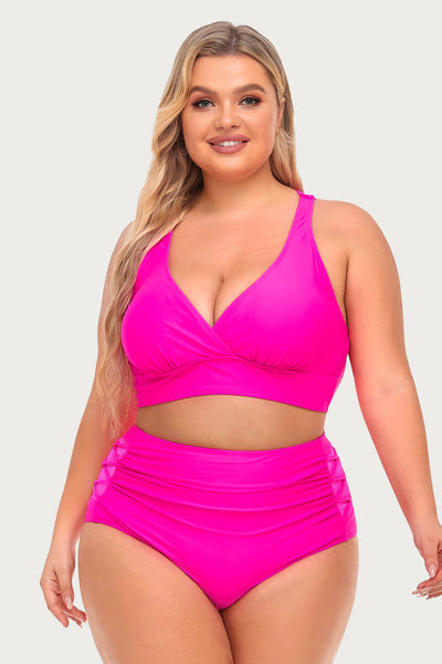 plus-size-v-neck-solid-bikini-swimsuit-with-ruched-swim-bottom#color_barbie-pink