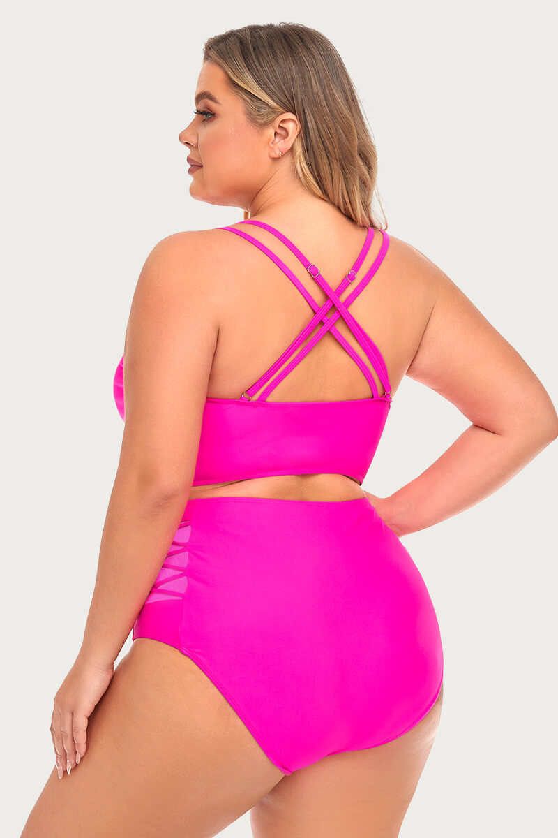 plus-size-v-neck-solid-bikini-swimsuit-with-ruched-swim-bottom#color_barbie-pink