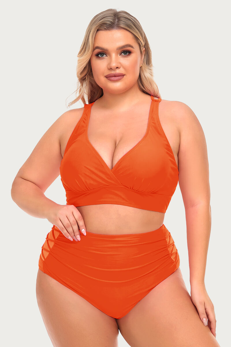 plus-size-v-neck-solid-bikini-swimsuit-with-ruched-swim-bottom#color_orange-crush