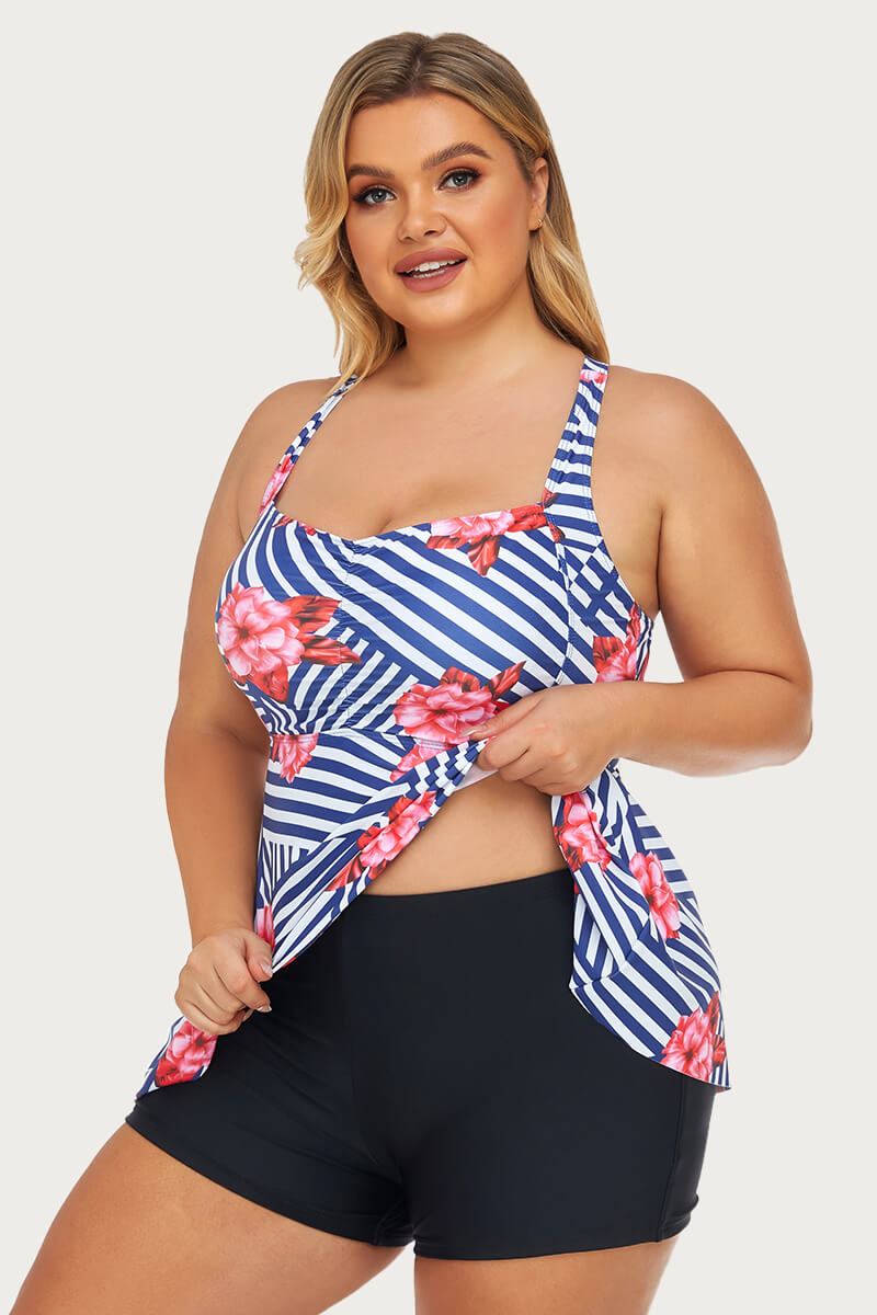 plus-size-two-piece-ruched-tummy-control-tankini-swimsuit#color_navy-bloom-black