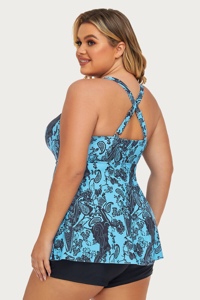 plus-size-two-piece-ruched-tummy-control-tankini-swimsuit#color_lagoon-paisley-black