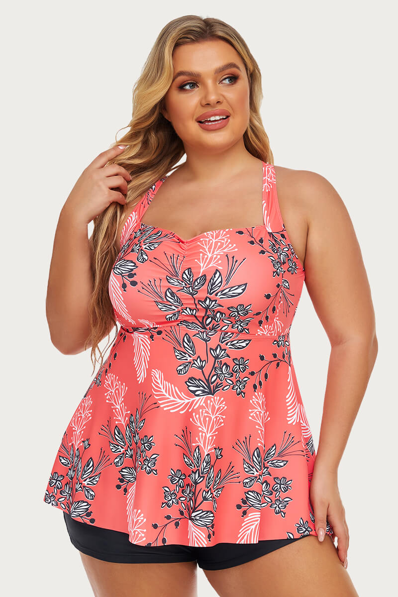 plus-size-two-piece-ruched-tummy-control-tankini-swimsuit#color_red-very-berry-black