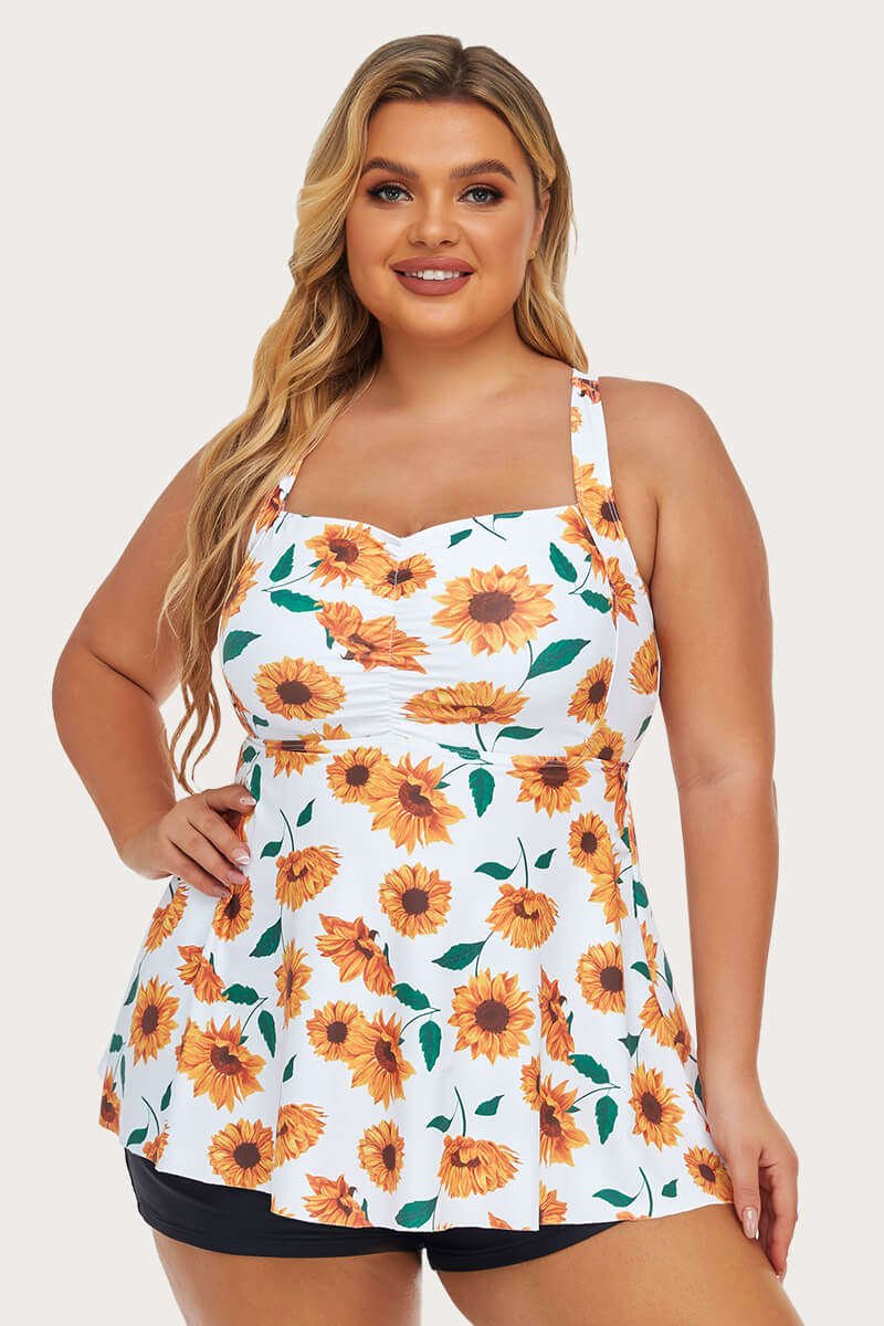 plus-size-two-piece-ruched-tummy-control-tankini-swimsuit#color_floating-sunflower-black