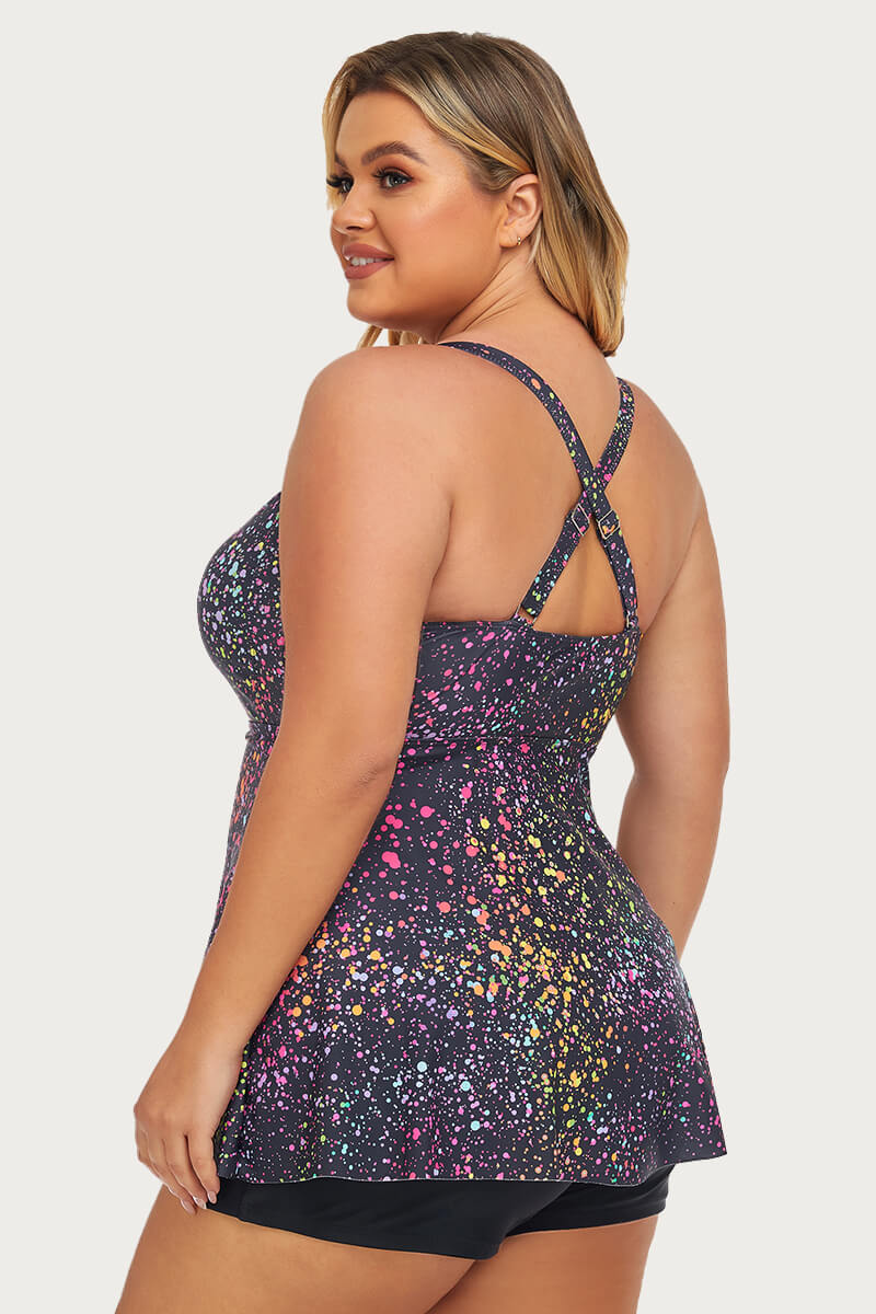 plus-size-two-piece-ruched-tummy-control-tankini-swimsuit#color_tie-dye-stardust-1-black