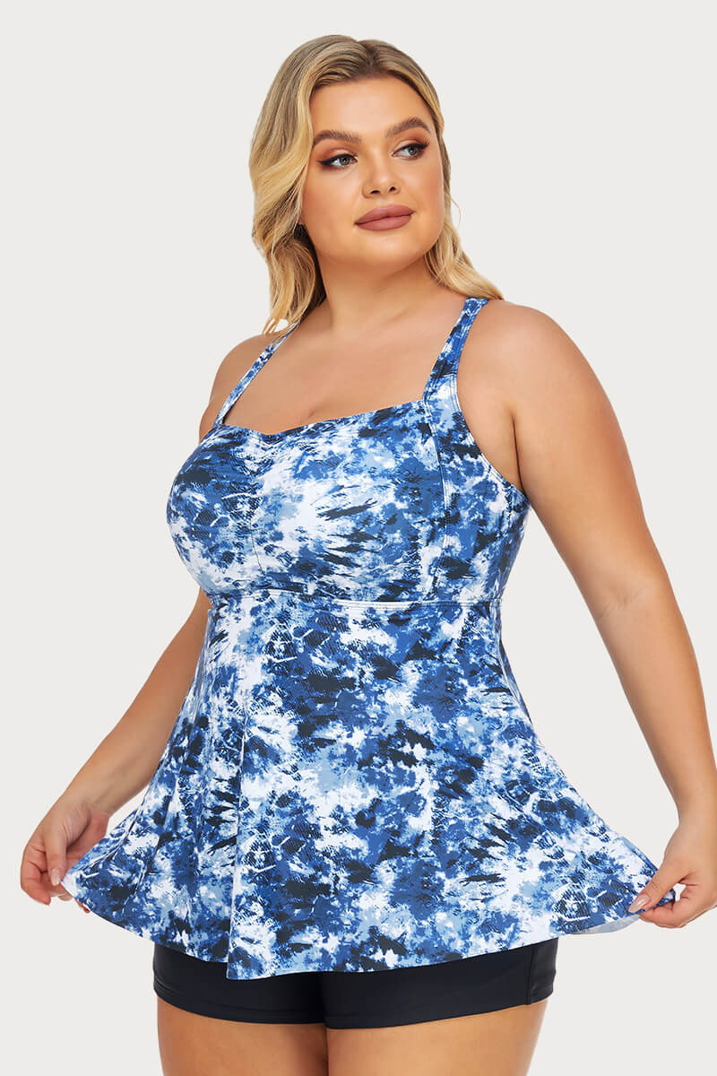 plus-size-two-piece-ruched-tummy-control-tankini-swimsuit#color_tie-dye-ocean-black
