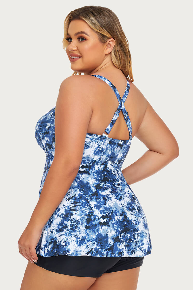 plus-size-two-piece-ruched-tummy-control-tankini-swimsuit#color_tie-dye-ocean-black