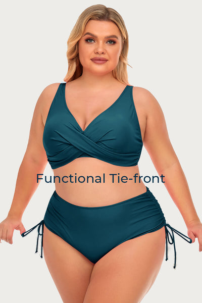 plus-size-two-piece-v-neck-twist-front-solid-bikini-swimsuit#color_forest