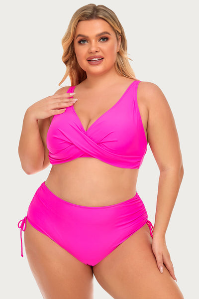 plus-size-two-piece-v-neck-twist-front-solid-bikini-swimsuit#color_barbie-pink
