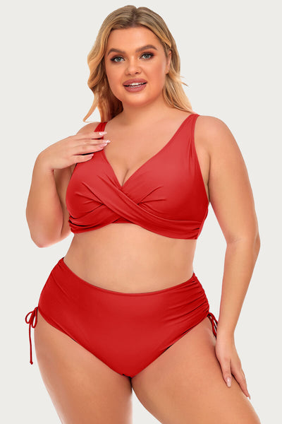 plus-size-two-piece-v-neck-twist-front-solid-bikini-swimsuit#color_ruby