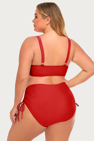 plus-size-two-piece-v-neck-twist-front-solid-bikini-swimsuit#color_ruby