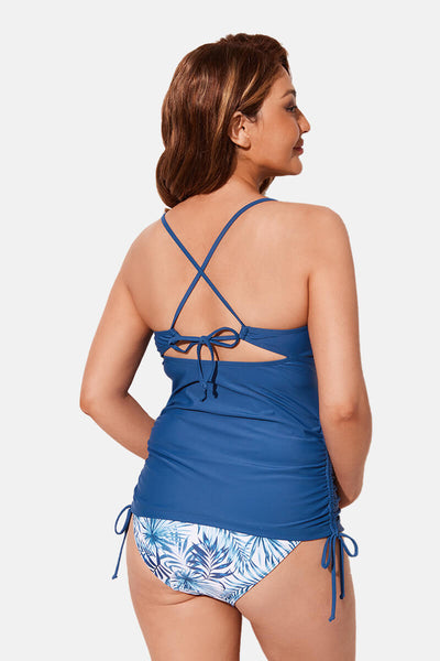 two-piece-cutout-cross-back-maternity-tankini-swimsuit#color_denim-blue-fan-leaf