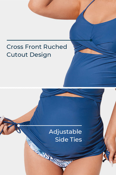 two-piece-cutout-cross-back-maternity-tankini-swimsuit#color_denim-blue-fan-leaf