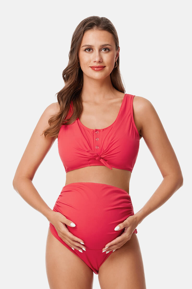 two-piece-ribbed-front-knot-maternity-swimsuit#color_ruby